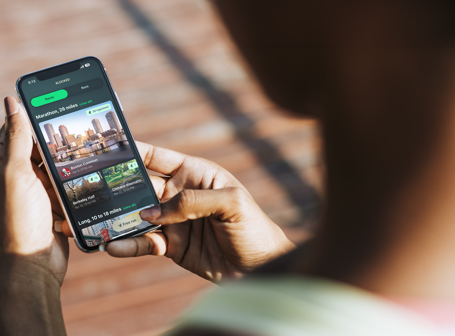 Klocked app, girl checking homepage